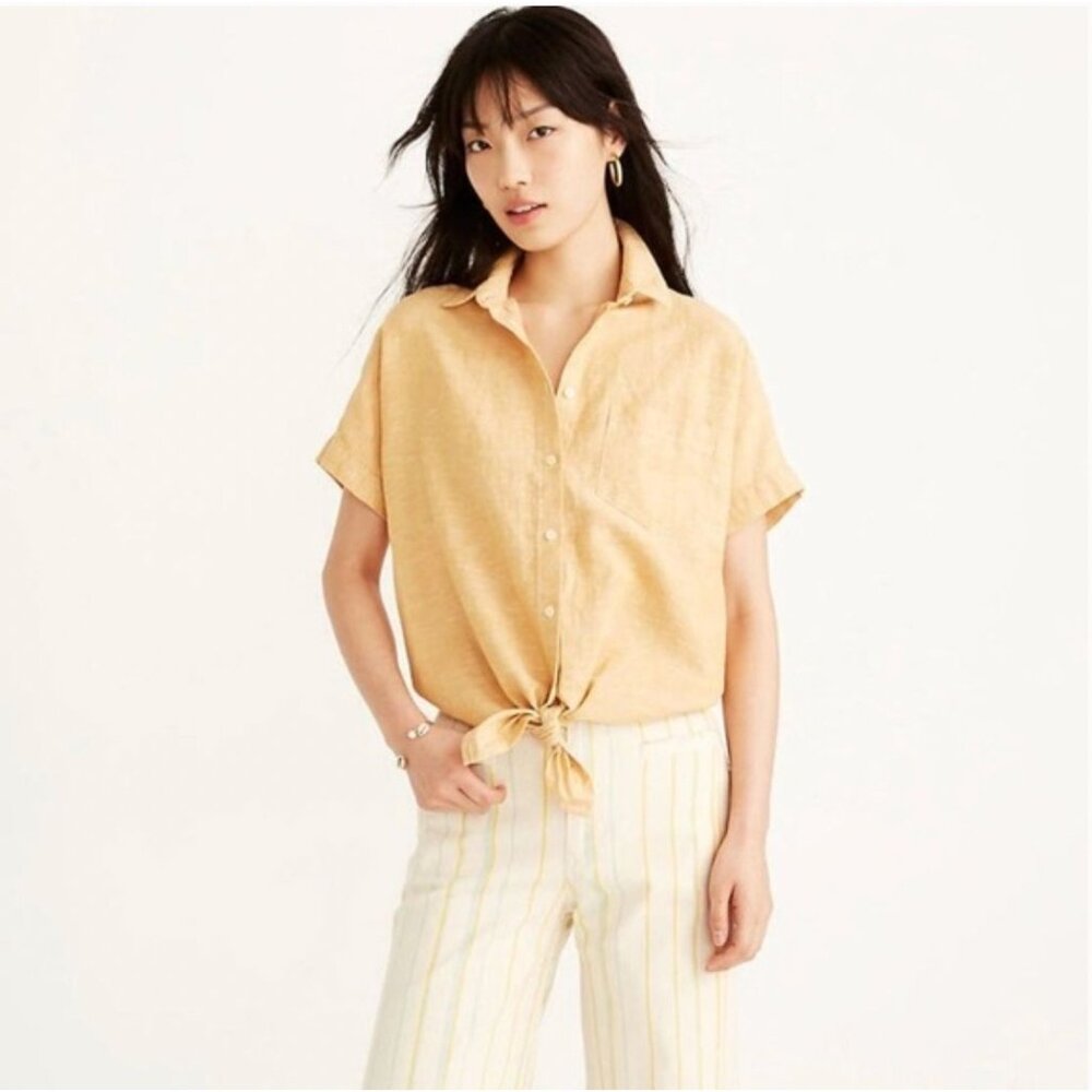 Madewell Short Sleeve Tie Front Linen Blend Top Shirt S Yellow Earthy Boho